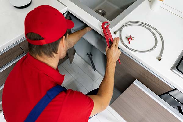 Long Island plumbing services also include everything and the kitchen sink! A technician works on a kitchen sink hot water line.