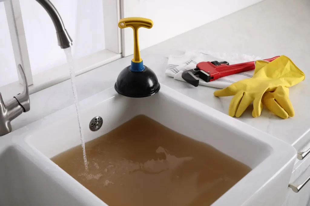 Clear Clogged Drains. Kitchen counter with clogged sink, plunger and plumber's accessories